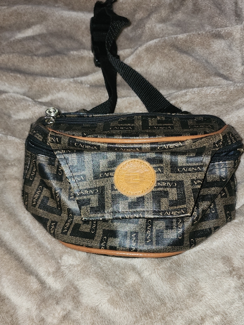 Black Patterned Crossbody Bag with Tan Trim